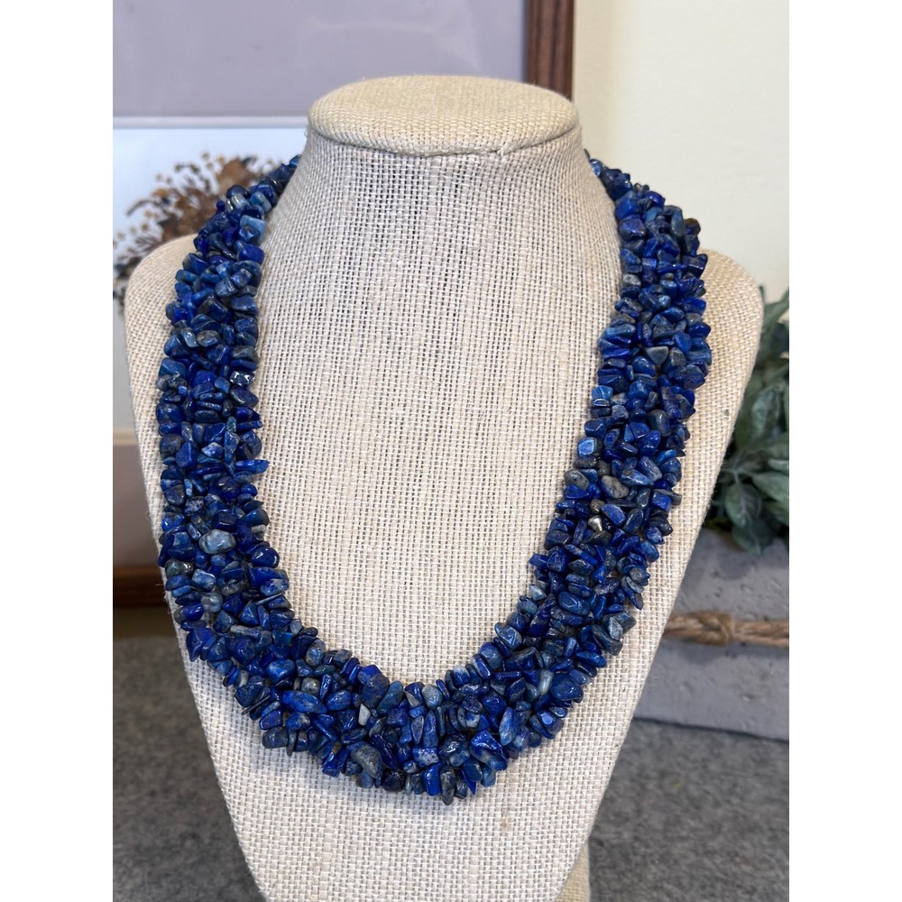Lapis Lazuli Gemstone Chip Bead Necklace Multi-Strand Toggle Clasp